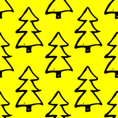 Fototapeta premium Minimalist baby seamless pattern with black fir-trees. Scandinavian style illustration background for nursery in nordic style on yellow background. 