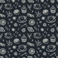 Seamless pattern with cups and sweets. Tea and baking set.