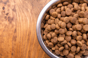 Dog food in bowl on wooden table