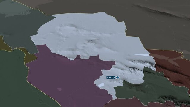 Navoi - region of Uzbekistan with its capital zoomed on the administrative map of the globe. Animation 3D