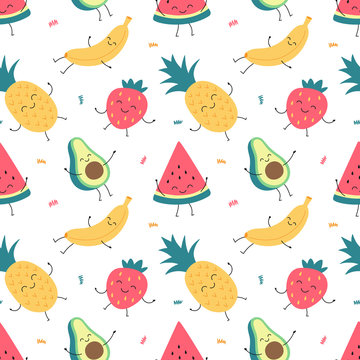 Cartoon seamless pattern of funny fruits, banana, watermelon, pineapple, avocado, strawberries. Vector colorful print for packaging, fabric, wallpaper, textile.