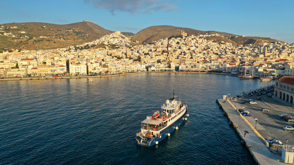 Aerial drone photo of picturesque port of Syros or Siros island main town of Ermoupolis, Cyclades, Greece