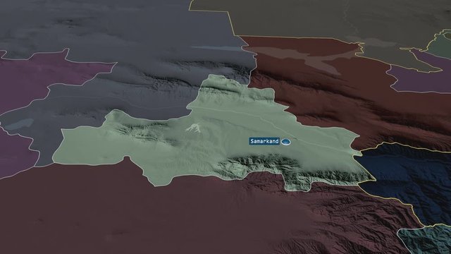 Samarkand - region of Uzbekistan with its capital zoomed on the administrative map of the globe. Animation 3D