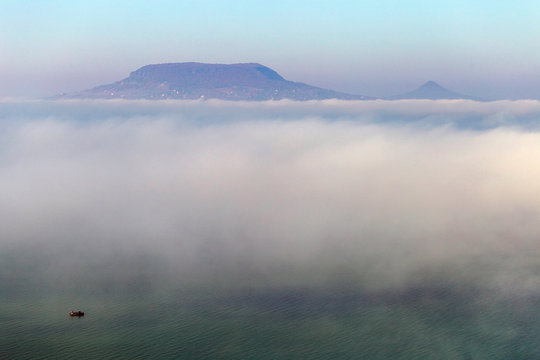 View of the foggy Balaton from Fonyod