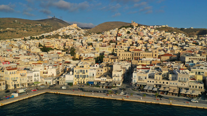 Aerial drone photo of picturesque port of Syros or Siros island main town of Ermoupolis, Cyclades, Greece