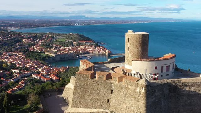 Aerial view of Collioure Fort Saint Elme beautiful village catalan historical mediterranean coast France