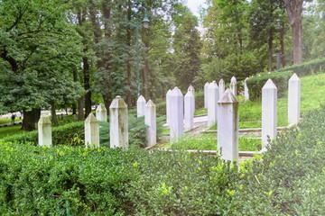 Muslim war graves in a garden in Sarajevo, Bosnia-Herzegovina