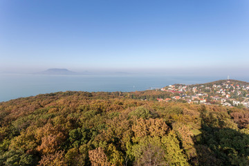 Fototapeta na wymiar View of the foggy Balaton from the lookout tower of Fonyod