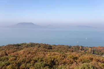 View of the foggy Balaton from the lookout tower of Fonyod