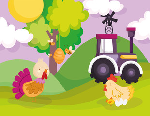 Naklejka premium farm animals hen chickens turkey bees tractor windmill tree