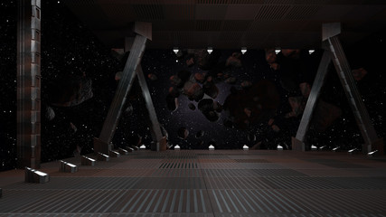 sci fi  corridor with view of space galaxy 3d rendering