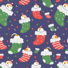 Seamless Christmas pattern with cute cartoon cats in socks, merry christmas and happy new year of the mouse 2020