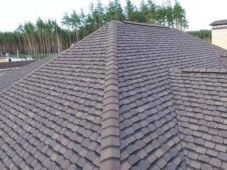 Fototapeta premium Bituminous tile for a roof. House with a roof from a bituminous