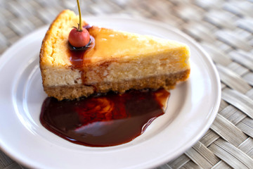 Homemade blueberry cheese pie on the top of cake put blueberry and chocolate jam.