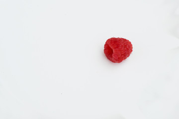 single raspberry against white background