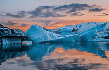 Blue icebergs floating in the jokulsarlon lagoon in Iceland in the september 2019