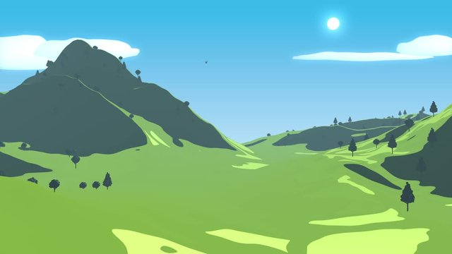 A 2d vector styled 3d animation of a lush grassy green landscape in 4K