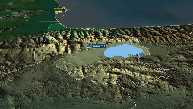 Carabobo - state of Venezuela with its capital zoomed on the physical map of the globe. Animation 3D