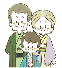 着物の家族-祖父母と孫