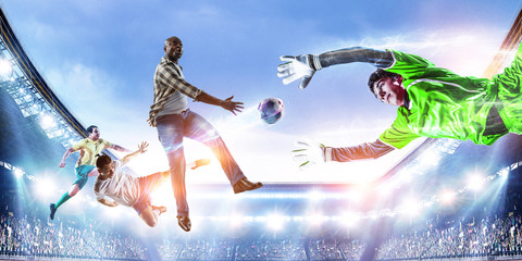 Soccer man in action with ball. Mixed media