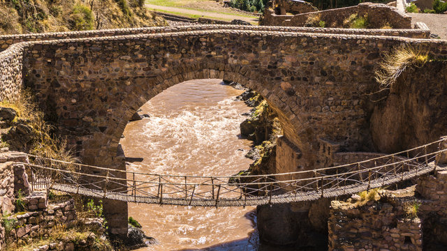 The colonial Checacupe bridge is located on the Ausangate or Pitumayu river, Cusco Peru