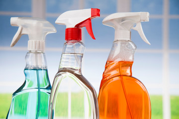 Cleaning products. Home concept and window background