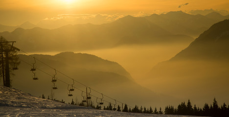 Mountains, winter landscape, Sunset background
