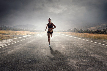 Sportswoman run race. Mixed media