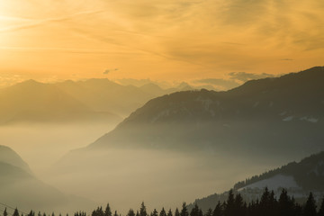 Mountains, winter landscape, Sunset background
