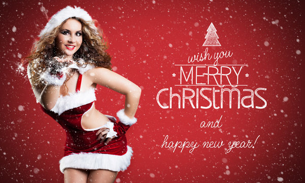 attractive  miss santa with "merry christmas" message