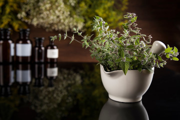 Alternative health, fresh herbal and mortar in black mirror background
