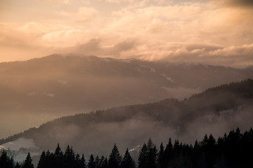 Obraz premium Mountains, winter landscape, Sunset background