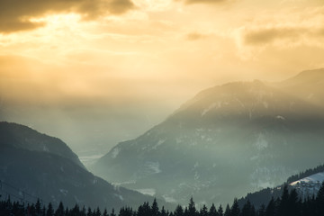 Obraz premium Mountains, winter landscape, Sunset background