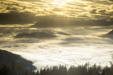 Sunset over the mountains, winter landscape