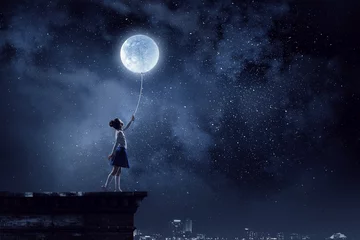 Wallpaper murals Bedroom Kid girl catching moon. Mixed media