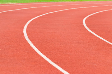 The white line that separates the lens on the red rubber treadmill.