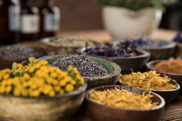 Herbs medicine and vintage wooden background