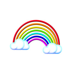 Multicolored realistic three-dimensional motley plastic toy rainbow, clouds. Bright gradient, Isolated vector Illustration light icon on white background. Symbolic web glossy colorful design.