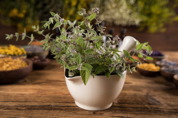 Herbs medicine and vintage wooden background