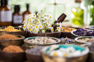 Natural remedy,Herbal medicine and wooden table background