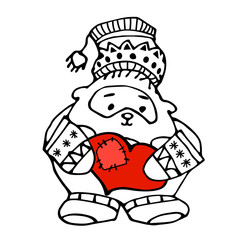 cute Teddy bear in Scandinavian hat and with darned rag red heart for Valentine day, concept of kindness, vector illustration with black contour lines isolated on white background in hand drawn style