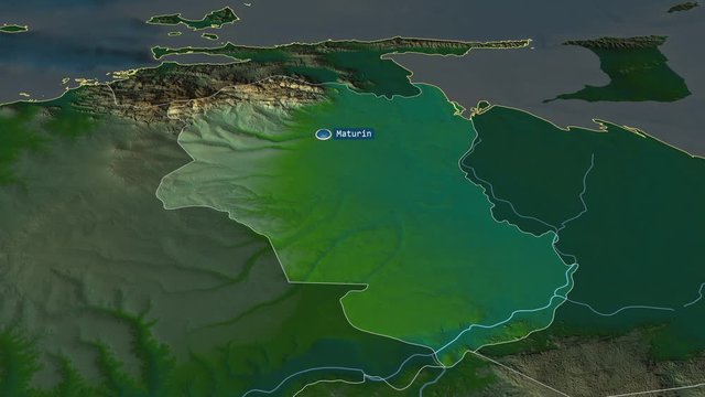 Monagas - state of Venezuela with its capital zoomed on the physical map of the globe. Animation 3D