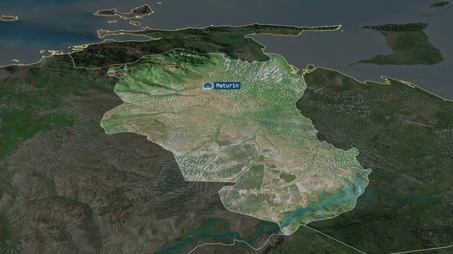 Monagas - state of Venezuela with its capital zoomed on the satellite map of the globe. Animation 3D