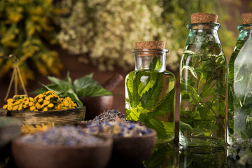 Fresh herbs and oils, wooden table background