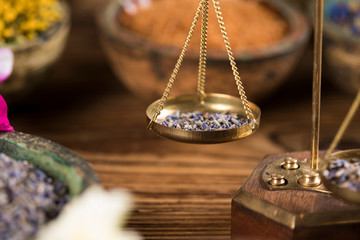 Natural remedy, healing herbs background