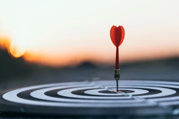 Foto op Plexiglas Close up red dart arrow hitting target center dartboard on sunset background. Business targeting and focus concept © Zenzeta