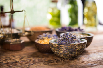 Natural remedy, healing herbs background