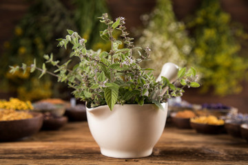 Natural remedy, healing herbs background