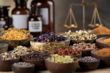 Natural remedy,Herbal medicine and wooden table background