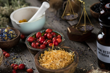 Natural remedy,Herbal medicine and wooden table background